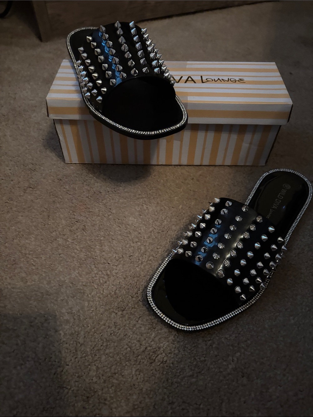Wild Diva Black Studded Slide Sandals with Rhinestone Trim - Picture 5 of 5